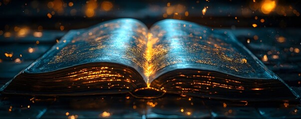 Poster - A futuristic open book glowing with interactive screens showcasing educational content in a sleek modern setting