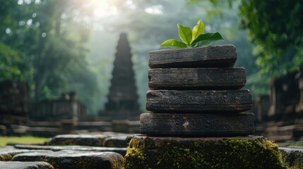 Poster - A stack of stones with a green leaf on top