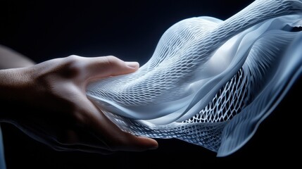 Leinwandbilder - A hand holding a white object with a mesh-like texture