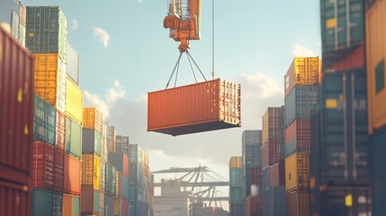 Poster - Container crane operation shipping yard industrial scene urban environment aerial view logistics efficiency