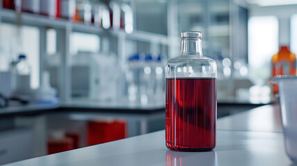 Poster - This bottle of synthetic blood sits on a lab bench, highlighting advanced medical research.
