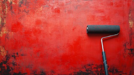 Poster - Painting action with roller indoor studio art creation vibrant red background close-up view creative expression