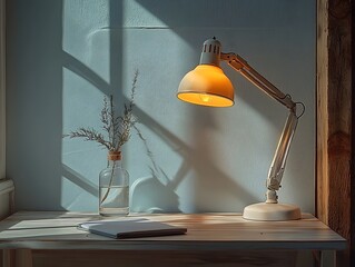 Poster - Minimalist workspace with a desk lamp and water bottle