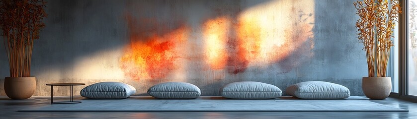 Poster - Minimalist living room with abstract art and floor cushions