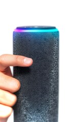 Poster - Young man interacts with a smart home device in a modern and innovative living space