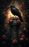gothic raven on an ornate pedestal with roses and candles – ideal for book covers, fantasy themes, and dark art concepts