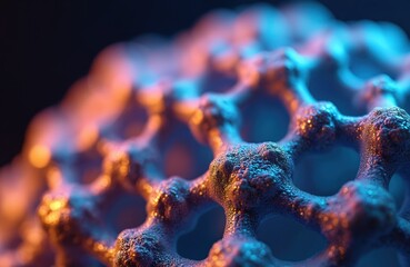 Poster - Abstract illustration new tech materials, nanotechnologies, AI, generative AI. Futuristic microscopic structure device with blue orange lighting. Cutting-edge innovation research.