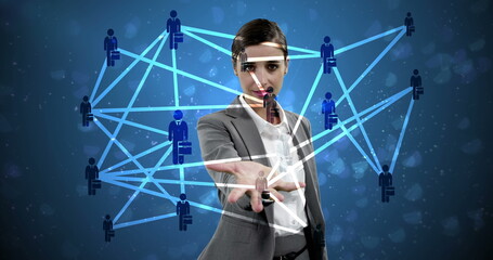 Poster - Businesswoman interacting with virtual network, connecting people in digital space