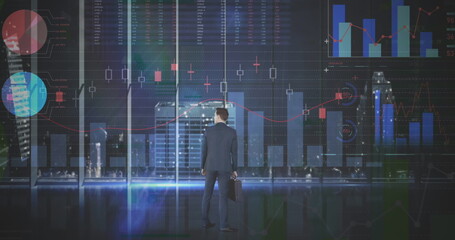 Poster - Image of statistics and financial data processing over businessman in office