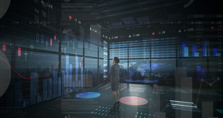 Poster - Image of statistics and financial data processing over businesswoman in office