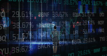 Poster - Image of statistics and financial data processing over businesswoman in office