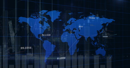 Poster - Image of statistics and numbers, financial data processing over world map
