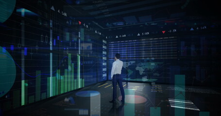 Poster - Image of statistics and financial data processing over businessman in office