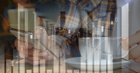 Poster - Image of statistics and data processing over man using smartphone