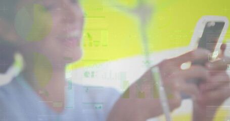 Poster - Image of statistics and data processing over businesswoman using smartphone