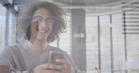 Poster - Image of statistics and data processing over man using smartphone
