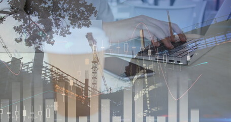Poster - Image of statistics and data processing over man using laptop