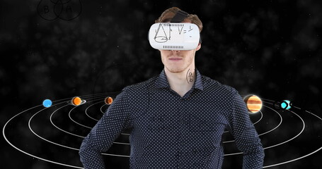 Poster - Image of businessman wearing vr headset over equations and solar system