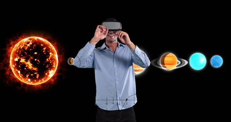 Poster - Image of businessman wearing vr headset over equations and solar system