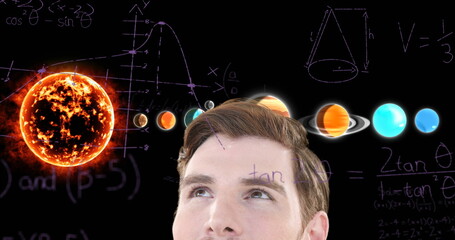 Poster - Image of businessman over equations and solar system