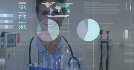 Poster - Image of statistics and data processing over female doctor