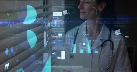 Poster - Image of statistics and data processing over female doctor