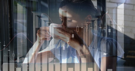 Poster - image of statistics and data processing over woman using laptop