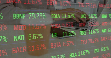 Poster - Image of financial data processing over woman using laptop