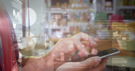 Poster - image of statistics and data processing over woman using smartphone