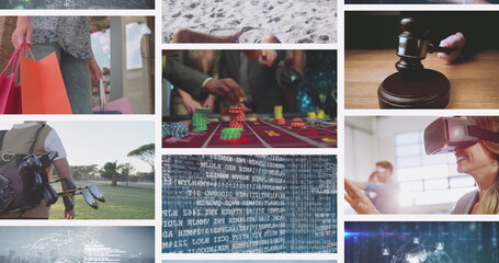 Poster - Nine composite screens, including data processing, vr, golf player, digital technology and gavel