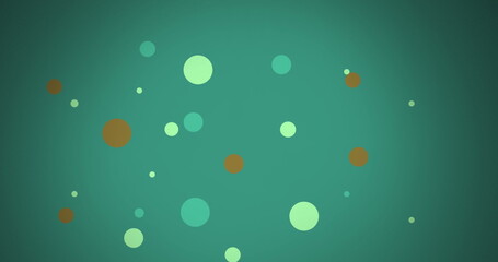 Poster - image of multi coloured dots moving over green background