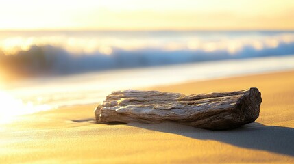 Wall Mural - driftwood log on golden sand beach with ocean waves at sunset landscape