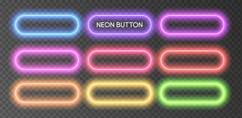 Action button neon rectangle. 3d glow game box in green, blue, red frame line. Round rectangle show casino led banner sign futuristic. Pink purple modern digital interface background vector.