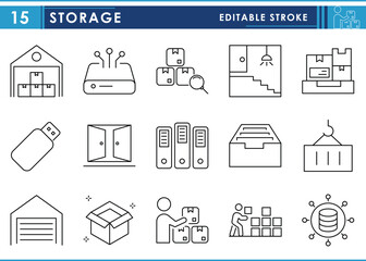 Poster - a set of line icons related to storage. store, warehouse, container, documents, stack, and so on. ve