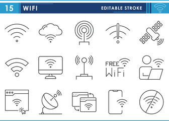 Leinwandbilder - A set of line icons related to WiFi. Wireless, network, satellite, broadcast, internet, free, and so on. Vector editable stroke.