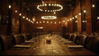 © syhin_stas - Cozy restaurant interior with vintage decor, leather chairs, wooden tables and wine shelves, atmospheric warm lighting. Banner with copy space