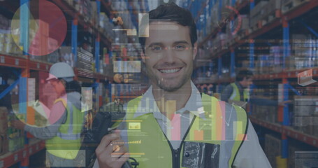 Aufkleber - image of statistics and financial data processing over man working in warehouse
