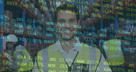 Poster - Image of financial data processing over man working in warehouse