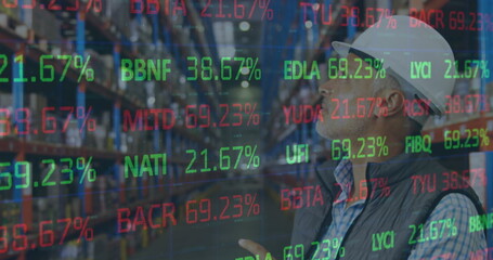 Poster - Image of financial data processing over man working in warehouse