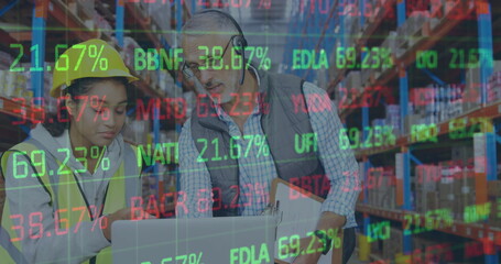 Poster - Image of financial data processing over man and woman working in warehouse
