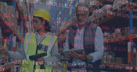 Poster - Image of financial data processing over man and woman working in warehouse