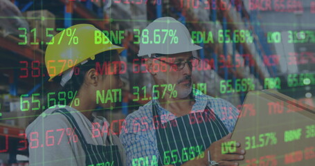 Poster - Image of financial data processing over man and woman working in warehouse