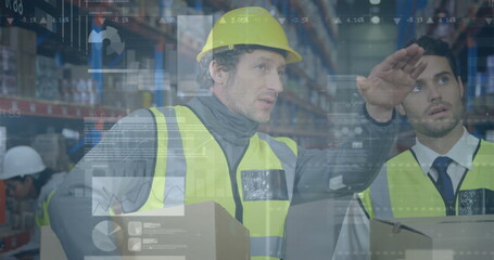 Poster - Image of statistics and financial data processing over men working in warehouse