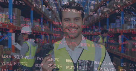 Poster - Image of financial data processing over man and woman working in warehouse