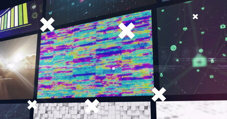 Poster - Image of white crosses over multiple screens of technology, business and leisure image clips