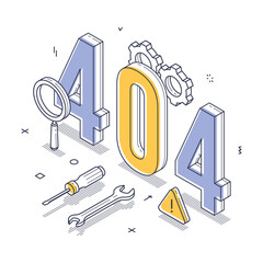 Fototapete - 404 error notification. It includes gears, tools, and warning symbols, showcasing a modern design in an isometric perspective, emphasizing technology and troubleshooting. Vector illustration