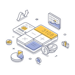 Poster - Dynamic financial scene where a calculator, charts, and coins highlight calculations and analytics in a modern workspace. It emphasizes digital finance. Modern vector isometric line illustration