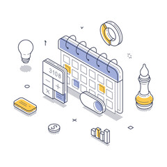 Fototapete - Modern elements like a calendar, calculator, light bulb, and graphs, illustrating concepts related to planning, scheduling, and productivity. Vector isometric line illustration