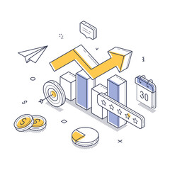 Poster - A dynamic illustration showcasing the concept of business growth through isometric design. It features graphs, coins, and charts representing financial success and analytics in a modern style.