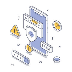 Poster - Smartphone surrounded by various security and alert icons. Elements like spam notifications and warning signs emphasize digital safety concerns. Modern isometric line vector illustration